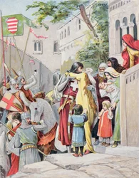 Juan Hunyadi abraza a su esposa, Erzsébet Szilágyi, mientras se despide para la batalla, c.1900