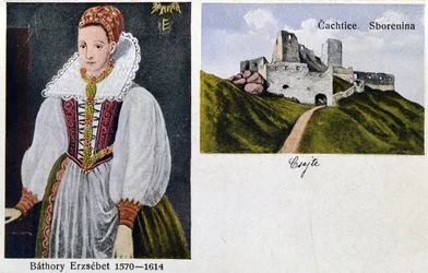 Postal que representa a la Condesa Elisabeth Bathory (1560-1614) y el Castillo Cachtice
