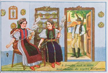 Postal que representa a mujeres en traje tradicional húngaro hilando y cantando la canción popular Canta una canción a la rana, c.1940