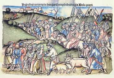 La invasión mongola de Hungría en 1241 durante el reinado de Bela IV (grabado en madera original coloreado)