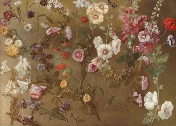 Composición de estudios de flores incluyendo claveles, flores de cojín, betónica, malva; malvarrosas, caléndulas africanas, nomeolvides