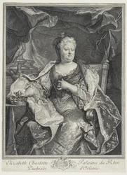 Elizabeth Charlotte Palatine du Rhin, duquesa de Orleans, grabado por Charles Louis Simmoneau