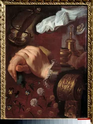 Estudio de manos cruzadas, telas, flores, campana, espada