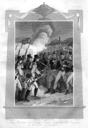 Los británicos atacando la línea francesa con bayonetas en la batalla de Maida, 1816