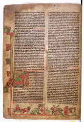 Inicial historiada D al comienzo de La Saga de Olaf Tryggvason, del Flateyjarbok (El Libro de Flatey) finales del siglo XIV