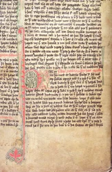 Inicial historiada P al comienzo de La Saga de los Groenlandeses, del Flateyjarbok (El Libro de Flatey) finales del siglo XIV