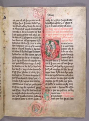 Inicial historiada P que representa a dos comerciantes, del comienzo de la sección sobre comercio, del Skarosbok (El Libro de Skard) c.1350