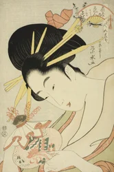 La cortesana Hanahito del Ogiya y las asistentes Sakura y Momiji, de la serie Bellezas de los Cinco Festivales