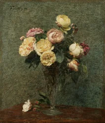 Naturaleza muerta: Rosas en jarrón de cristal