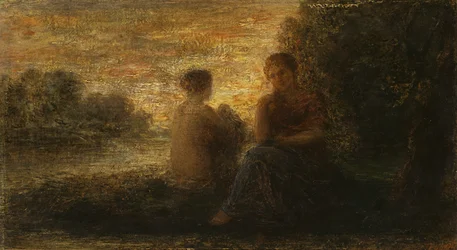 Dos mujeres sentadas cerca de un lago (óleo sobre lienzo)