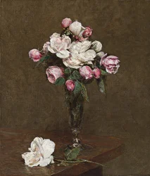 Rosas rosadas y blancas en una copa de champán, 1874