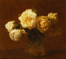 Seis rosas amarillas en un jarrón