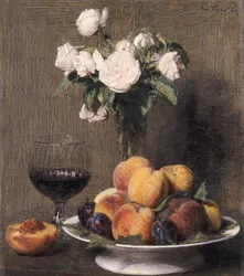 Naturaleza muerta con rosas, frutas y una copa de vino, 1872