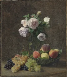 Jarrón de rosas, melocotones y uvas, 1894