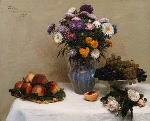 Rosas blancas y crisantemos en un jarrón - Melocotones y uvas en una mesa con un mantel blanco, 1876