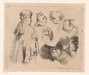 Composición con hombre oriental, mujer con niño y cuatro cabezas de hombres