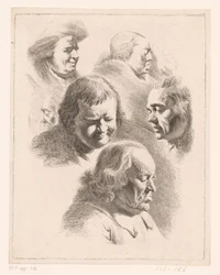 Composición con seis cabezas de hombres y mujeres con los ojos cerrados.