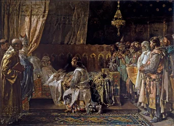 Jacques I de Aragón, el Conquistador, entrega su espada a su hijo Pedro III de Aragón, el Grande por Ignacio Pinazo Camarlench
