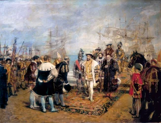 El desembarco de Francisco I (1494-1547) en el puerto de Valencia (España). Luis Villarrasa de Cavanilles (?), gobernador de la ciudad, recibe al rey de Francia. Pintura de Ignacio Pinazo Camarlench (1849-1916), óleo sobre lienzo