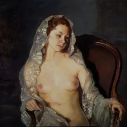 Mujer sentada desnuda con mantilla transparente – Siglo XX