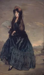 Mujer con mantilla, flores y abanico - 199 × 120,5 cm