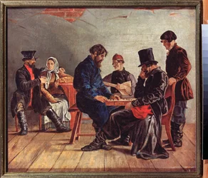 Los jugadores de damas (dos jugadores concentrados, un músico y una pareja, en una taberna) - Los jugadores de damas - Pintura de Ignati Stepanovich Shchedrovsky (1815-1870), óleo sobre lienzo - Arte ruso siglo XIX - Museo Estatal de Arte, Nizhny Novgorod 