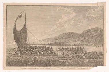 Hawaianos y su rey navegan en canoas hasta James Cook para llevarle regalos Terreeoboo, Rey de Owijhee, Capitán Cook trayendo regalos (título sobre el objeto)