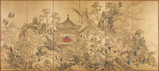 Paisaje con pabellón (Roukaku Sansui Zu, Paisaje con torre) - Parte izquierda de un par de biombos de seis paneles de Ike no Taiga (1723-1776), acuarela y tinta sobre papel, hacia 1750 - Arte japonés del siglo XVIII, paisaje oriental - Nacional de Tokio M
