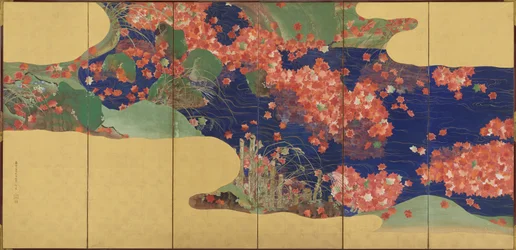 Hojas de arce en un arroyo, pantalla de seis paneles, Período Edo, 1856-58