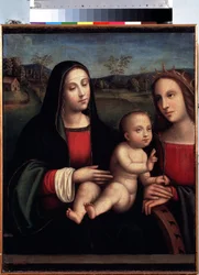 ""La Virgen y el Niño con Santa Catalina de Alejandría"" Pintura de Francesco Raibolini dit il Francia (1450-1518) Museo del Hermitage de San Petersburgo