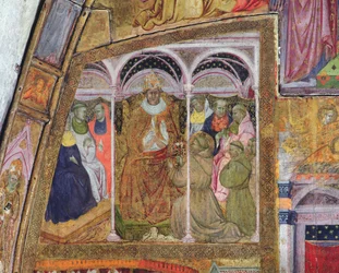 San Francisco implorando al Papa Honorio III por la Confirmación de la Indulgencia, fresco de la Porciúncula, 1393