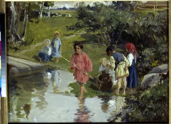 Niños pescando por Pryanishnikov, Illarion Mikhailovich (1840-1894)