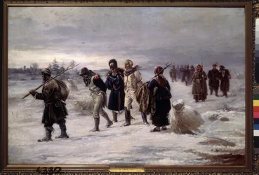 En 1812. (Prisioneros capturados en la Grande Armee de Napoleón caminan sobre la nieve, exhaustos, escoltados por campesinos rusos). Pintura de Illarion Mikhailovich Pryanishnikov (1840-1894), óleo sobre lienzo