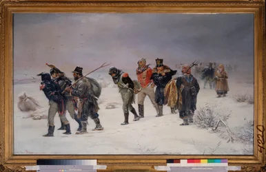 En 1812. (Prisioneros capturados en la Grande Armee de Napoleón caminan sobre la nieve, exhaustos, escoltados por campesinos rusos). Pintura de Illarion Mikhailovich Pryanishnikov (1840-1894), óleo sobre lienzo