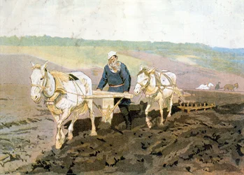 El conde Tolstoy arando - según la pintura de Repine