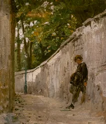 NIÑO APOYADO CONTRA LA PARED DE UN JARDÍN, MONTMARTRE