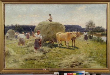 Heno (Escena agrícola de verano, campesinos recogiendo heno en una yunta de bueyes) - Heno - Pintura de Nikolai Kornilovich Pimonenko (1862-1912), óleo sobre lienzo