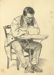 Estudio para "Un café parisino": Hombre sentado en una mesa de café, leyendo un periódico