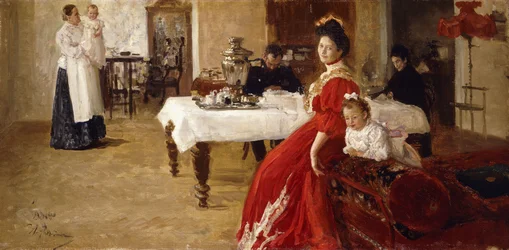 La hija del artista, Tatiana y su familia en un interior