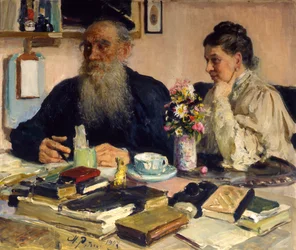 El autor Leo Tolstoy con su esposa en Yasnaya Polyana, 1907