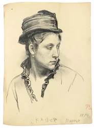Mujer con sombrero, cabeza girada hacia el lado, 1874