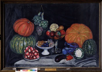 Verduras. Naturaleza muerta con calabazas, alcachofas, ciruelas, uvas, manzanas, peras, berenjenas, pimientos, coles, coliflores y sandías (Verduras. Naturaleza muerta). Pintura de Ilya Ivanovich Mashkov (Ilia Machkov, Matchkov) (1881-1944), óleo sobre lie
