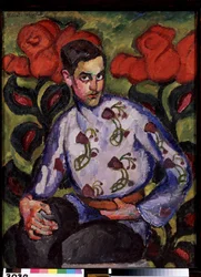 Retrato de un niño con camisa y flores. Pintura de Ilya Ivanovich Mashkov (Ilia Machkov, Matchkov) (1881-1944), óleo sobre lienzo