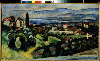 Vista de la ciudad de Nervi (Italia). Descripción del paisaje y de la pequeña ciudad en la costa de la Riviera italiana, cerca de Génova, en verano. Pintura de Ilya Ivanovich Mashkov (Ilia Machkov, Matchkov) (1881-1944), óleo sobre lienzo.