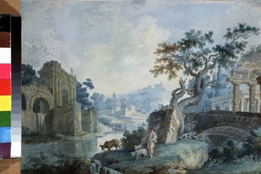 Paisaje italiano. Un pastor lleva a su ganado a beber del río, están rodeados de ruinas. Al fondo, un barco transporta a los pasajeros de una orilla a otra y las fortificaciones cierran el horizonte. Pintura de Ilya Vasilyevich