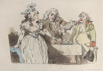 Una joven heredera se prepara para firmar un documento, 1780-1800