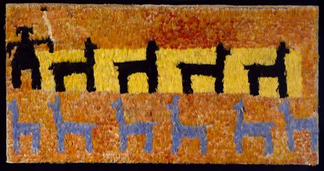Panel de plumas con llamas y pastor de llamas, 1450-1534 d.C. (algodón tejido y plumas)