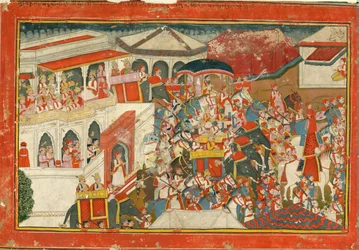 Krishna y Balarama partiendo de un palacio