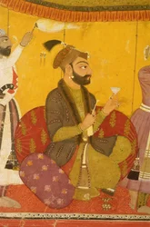 Gosain Narayan toma veneno en presencia del Emperador Jahangir, Nurpur, Escuela Pahari, 1725