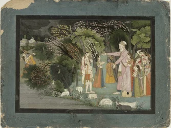 Nanda pidiendo a Radha que escolte a Krishna a casa, del Gita Govinda, Garhwal, Escuela Pahari, 1790